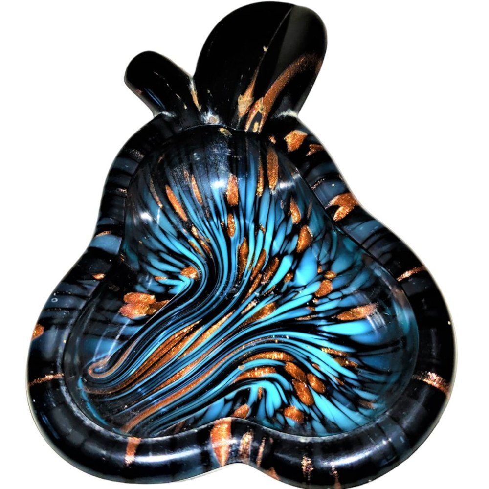 Turquoise & Copper Nason Vannes Murano Art Glass Pear France Ashtray Bowl MCM